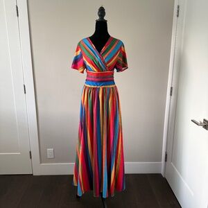 Colorful Rainbow Stripe Maxi Dress – Size L – Wrap Style Bodice, Lined
